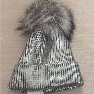 Metallic Silver Knit Beanie ( Hat )  with Faux Fur Pom